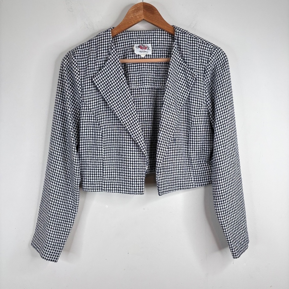 VTG Lanz Plaid Blazer S Navy Gingham Cropped Open Front Retro 90s Preppy Easter